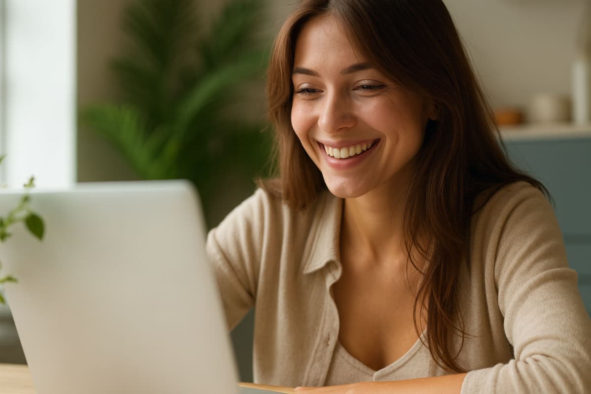 Happy woman working on laptop